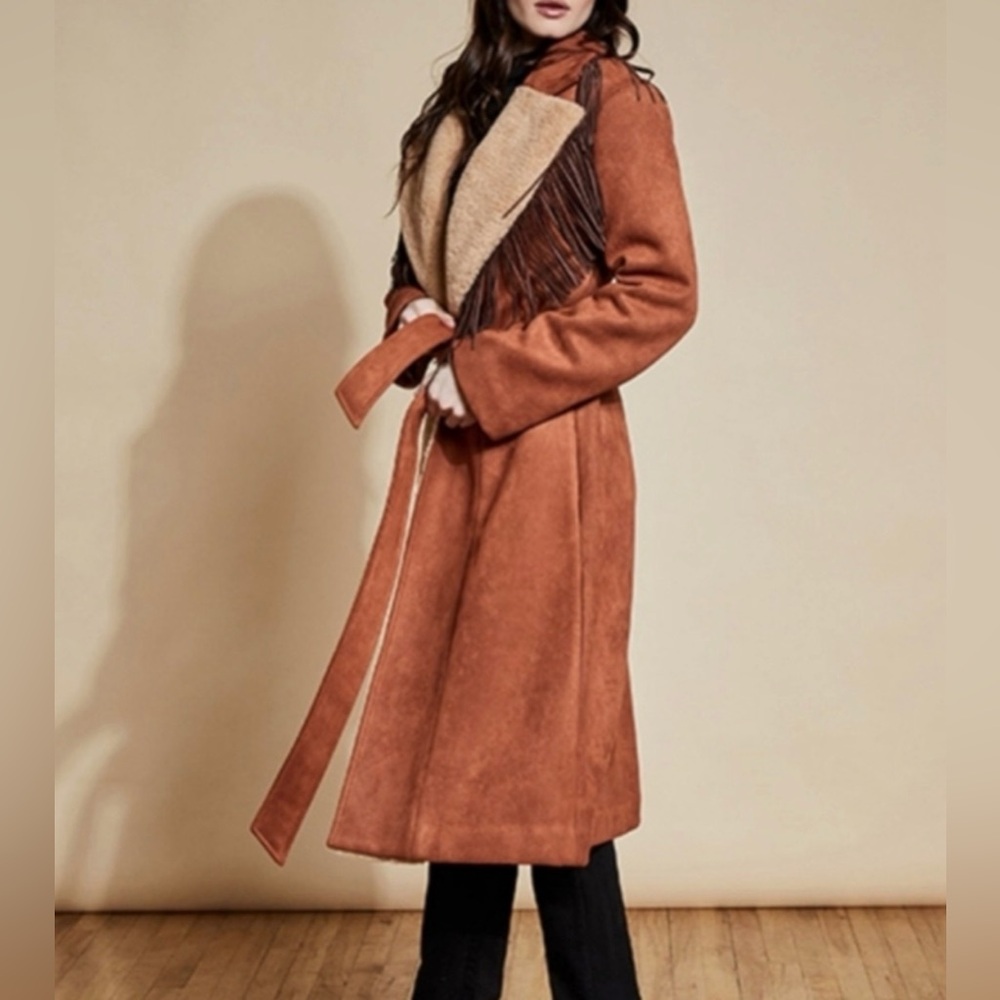 Anthropologie Brown and Cream Fringe Coat, MED - Picture 2 of 11